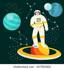 Spaceman in outer space with stars, moon, rocket, asteroids, constellation on background. Astronaut out of spaceship exploring universe and galaxy. Cartoon cosmonaut in spacesuit for your design.