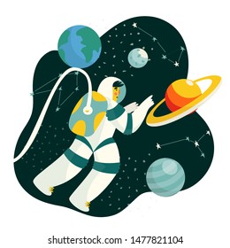 Spaceman in outer space with stars, moon, rocket, asteroids, constellation on background. Astronaut out of spaceship exploring universe and galaxy. Cartoon cosmonaut in spacesuit for your design.