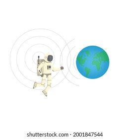Spaceman in outer space. Wireless signal transmission between an astronaut and the planet Earth, vector illustration