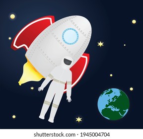 Spaceman outside rocket in space. vector