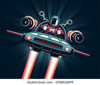 Spaceman pilot flying on spaceship on hyperspace background. Retro Space comics poster. Astronaut on battle shuttle. Vector illustration.