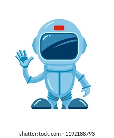 Spaceman pointing. Hello cartoon astronaut in blue space suit pointing hand top cosmos astrophysics solar .vector character isolated