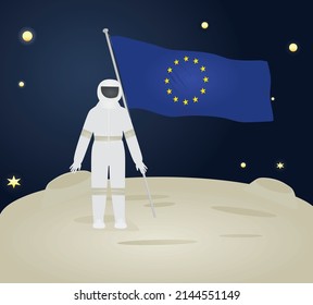 Spaceman put EU flag on ground. vector