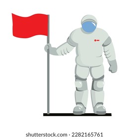 Spaceman with red flag flat vector illustration