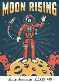 Spaceman in red space suit on the Moon - sky-fi retro poster. Astronaut on planet with craters shows Vulcan salute gesture. Vector illustration in vintage style.