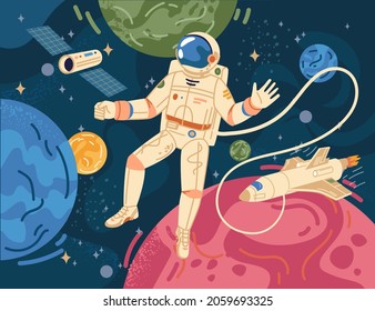 Spaceman Scientific Hero In Astronaut In Cosmos On Background Of Color Cartoon Planets. Vector Astronomy Explorer In Space Suit And Helmet, Exploration Of Galaxy Universe, Spaceship Craft And Rocket