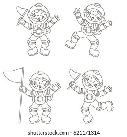 Spaceman set, collection of coloring book template, the group of outline digital elements vector illustration, kid game page.