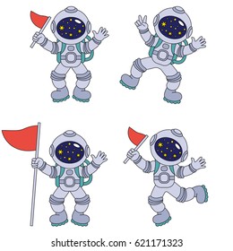 Spaceman set, collection of coloring book template, the group of outline digital elements vector illustration, kid game page.