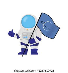 Spaceman showing flag and thumbs-up. Explorer, pioneer, mission. Can be used for topics like success, colonization, accomplishment