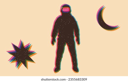 Spaceman silhouette, astronaut with riso print effect. Graphic element for flyer, wallpaper, poster. Graphic element. Vintage decoration of 70s 80s, 90s. Aesthetics of the risograph. Vaporwave style