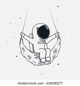 Spaceman sits on the crescent moon .Childish vector illustration