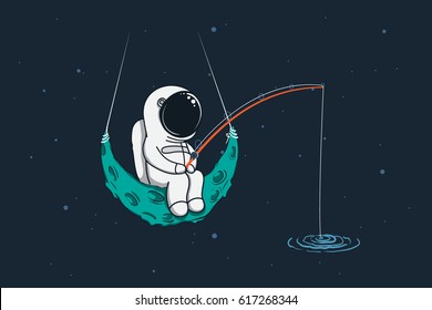 Spaceman sits on moon with a fishing rod.Childish vector illustration