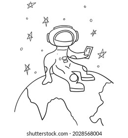 A spaceman is sitting on a planet Coloring page Hand-drawn Black and white vector illustration