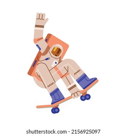 Spaceman skating in spacesuit and helmet, flat vector illustration isolated on white background. Astronaut cartoon character on skate.