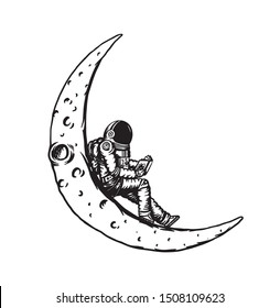 Spaceman in space. The astronaut on the moon. Man in the solar system. Engraved hand drawn Old sketch in vintage style.