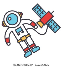 Spaceman in space with spaceship, astronaut, spacecraft concept. Line vector icon. Editable stroke. Flat linear illustration isolated on white background