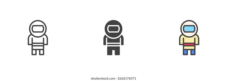 Spaceman space suit different style icon set. Line, glyph and filled outline colorful version, outline and filled vector sign. Symbol, logo illustration. Vector graphics