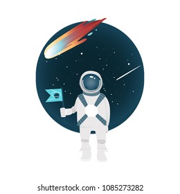 Spaceman in space suit holding blue flag, astronaut in silver white uniform. Cartoon cosmonaut illustration on cosmos universe background with comet. Astronomy, exploration symbol. Vector illustration