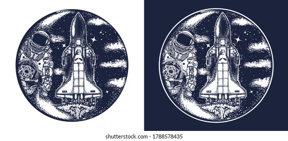 Spaceman and spaceship t-shirt design. Space shuttle and astronaut tattoo art. Symbol of space travel, study of universe, flight to new galaxies. Black and white vector graphics 