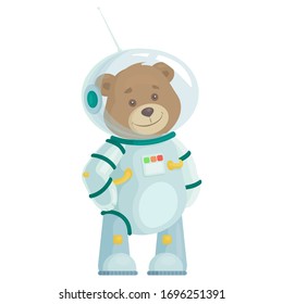 Spaceman in a spacesuit. Cute bear astronaut. Art kids. Vector drawing. Cartoon icon on white backdrop. Astronomy illustration. Funny character. Kids print. Adventure travel.