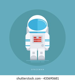 Spaceman in spacesuit and helmet isolated on blue background. Astronaut icon. Flat style design vector illustration.