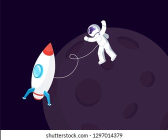 Spaceman in spacesuit and spaceship near Moon vector. Space or cosmos, cosmonaut or astronaut in weightlessness and spacecraft, Earth natural satellite