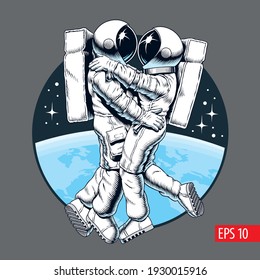 Spaceman and spacewoman in love.  Astronauts couple hugging and dancing in outer space. Space love concept. Comic style vector illustration. 