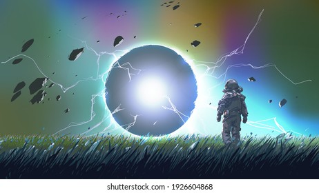 spaceman standing and looking at a mysterious sphere, vector illustration