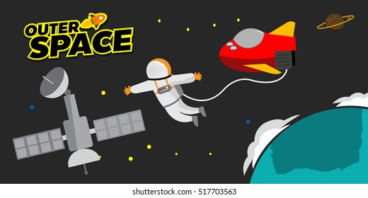 spaceman in universe flay to satellite.flat design