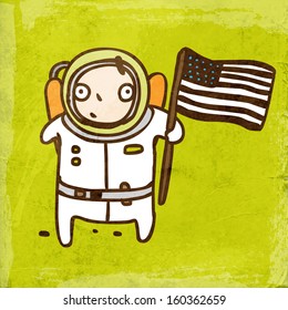 Spaceman with USA Flag. Cute Hand Drawn Vector illustration, Vintage Paper Texture Background