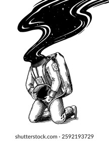 Spaceman in vintage engraved style. drawing of an astronaut in space done by hand in pen and ink in jumpsuit. astronomy and astrology illustration 