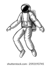 Spaceman in vintage engraved style. drawing of an astronaut in space done by hand in pen and ink in jumpsuit. astronomy and astrology illustration 