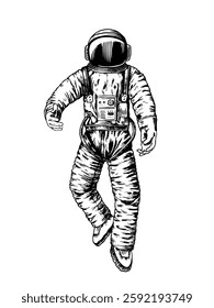 Spaceman in vintage engraved style. drawing of an astronaut in space done by hand in pen and ink in jumpsuit. astronomy and astrology illustration 