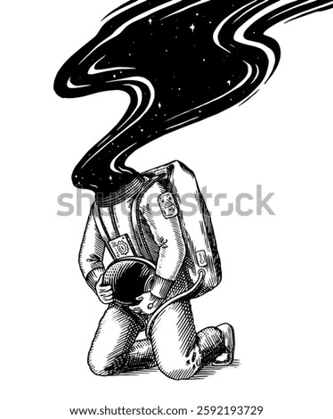 Spaceman in vintage engraved style. drawing of an astronaut in space done by hand in pen and ink in jumpsuit. astronomy and astrology illustration 