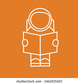 Spaceman wearing a helmet is reading folded papers while standing in the space.