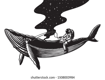 Spaceman And Whale. Astronaut In The Solar System. Engraved Hand Drawn Old Sketch In Vintage Style.