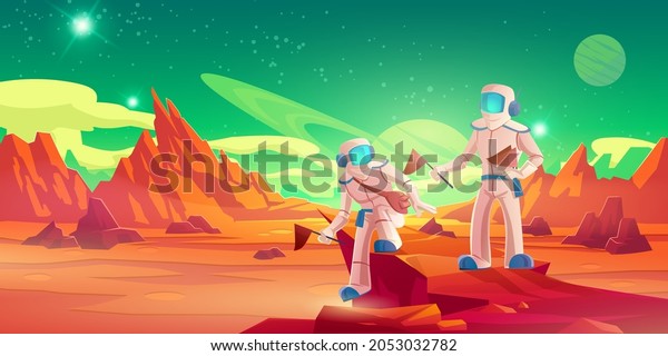 Spacemen with flags walking\
on Mars surface. Vector cartoon illustration of alien planet\
landscape with red ground and mountains, stars in sky and\
astronauts in\
spacesuits