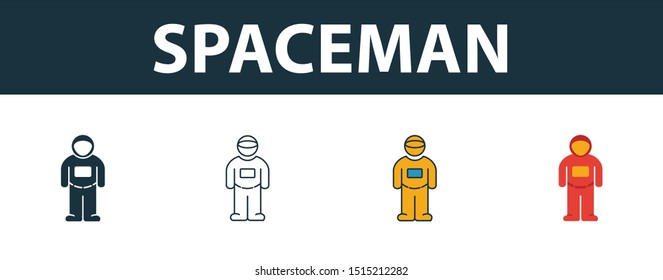 Spacemen icon set. Four elements in diferent styles from space icons collection. Creative spacemen icons filled, outline, colored and flat symbols.