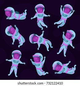 Spacemen set, astronauts flying in Space cartoon vector Illustration