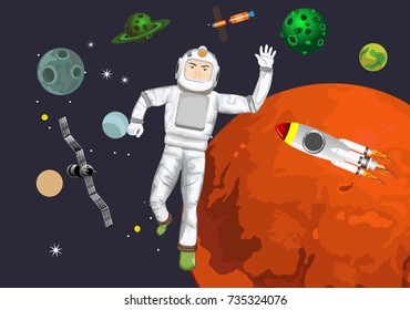 Spacemen and space background, planets, rockets, stars, vector
