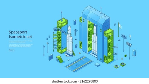 Spaceport isometric set with rocket on cosmodrome with hangar and launchpad. Vector horizontal banner with axonometric illustration of autonomous spaceship or shuttle