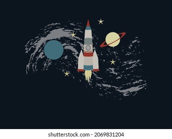 Space.Rocket, Planeten, Sterne auf blauem Hintergrund.