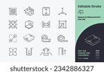 Spaces and Measurement Icon collection containing 16 editable stroke icons. Perfect for logos, stats and infographics. Edit the thickness of the line in any vector capable app.