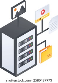 Spaces Object Storage isometric concept, Media Server Rack vector icon design, Web hosting service Symbol, Computing machines Sign, Internet Application Management stock illustration