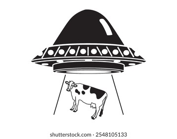 nave espacial raptando uma vaca, Ícone de Contorno UFO. Logotipo de Arte da Linha UFO. Ilustração de vetor. Isolado no fundo branco.