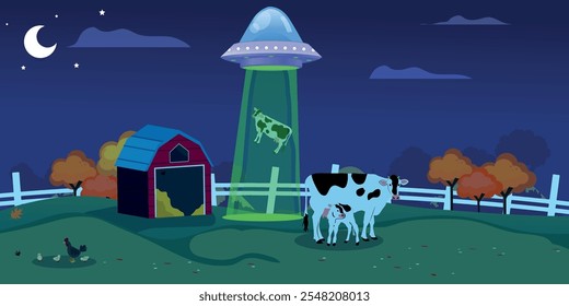 Spaceship abducting a cow, Ufo vector illustration. Unidentified flying object. Isolated on white background.