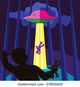 the spaceship abducts a person at night in the woods vector illustration