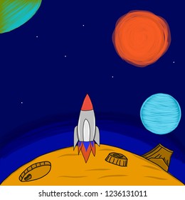 spaceship adventure in space galaxy, this picture is draw by hand, vector illustration
