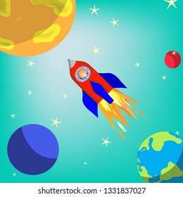 Spaceship adventure  trip in Universe  flat children illustration