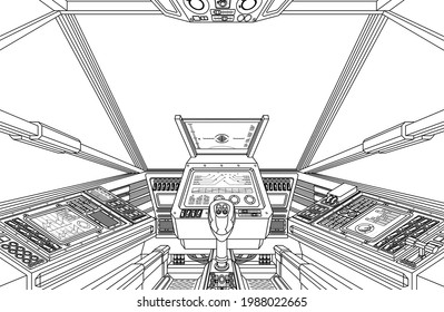 A Spaceship Or Air Plane Craft Cockpit With Space Ship Controls. A Possibly Alien Spacecraft Cabin Interior 